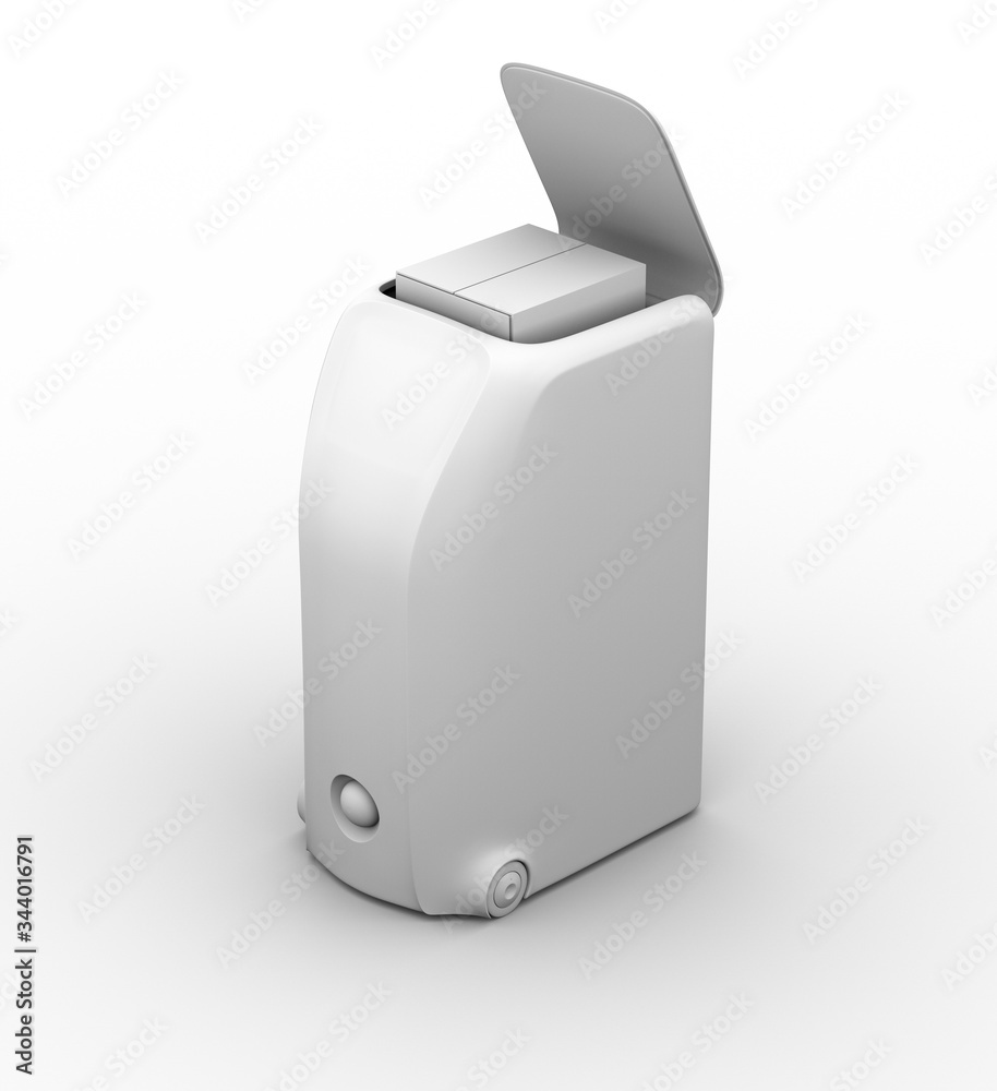 Clay rendering of delivery robot isolated on white background. Lid opened for picking the parcel. To