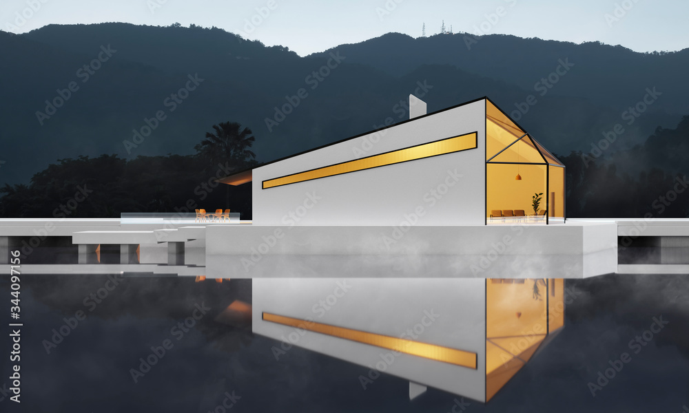 3d rendering of modern cozy white polygon shape design building with reflection and fog in the lake 