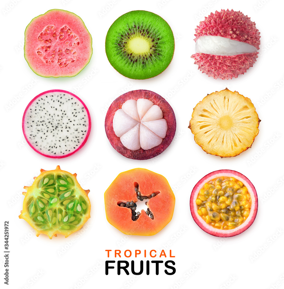 Isolated tropical fruits slices. Pieces of guava, kiwi, lychee, dragon fruit, mangosteen, pineapple,