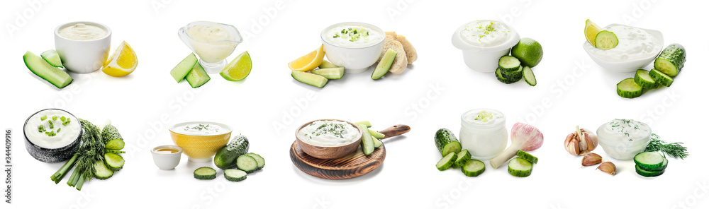 Delicious yogurt sauce with cucumber on white background