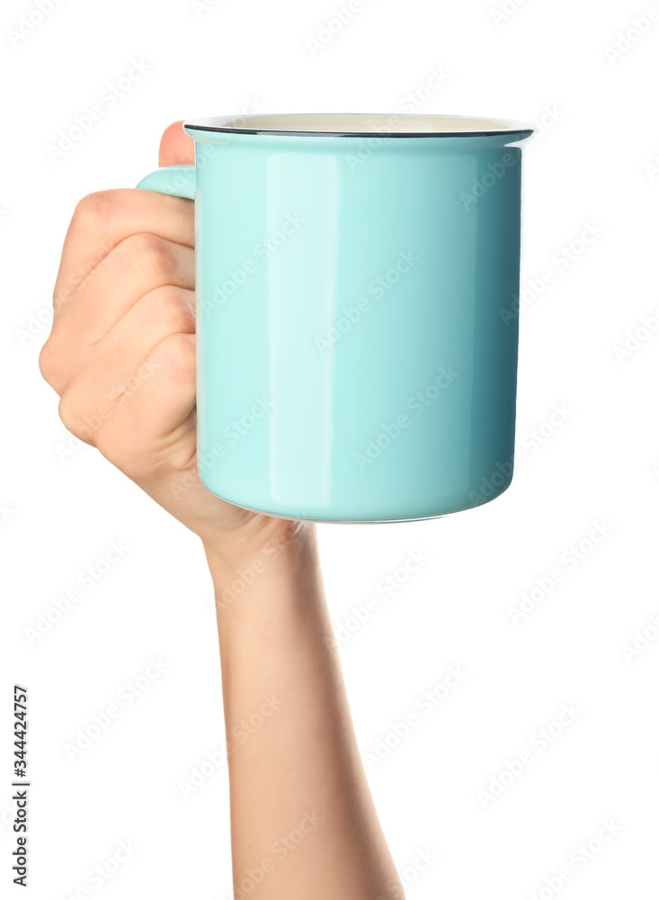 Female hand with blank cup on white background