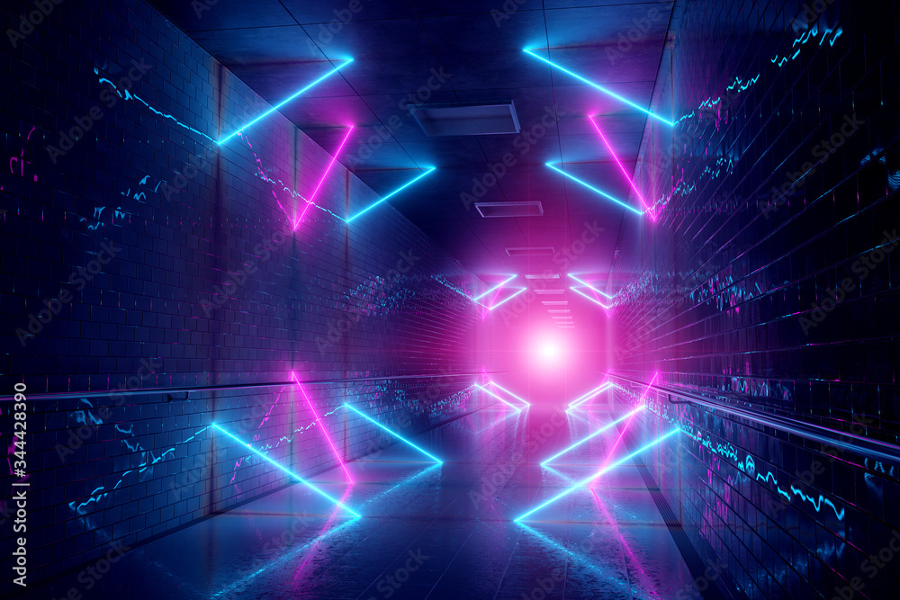 长长的黑暗地下隧道中闪烁的蓝色和粉色霓虹灯灯管在墙壁和地板上反射