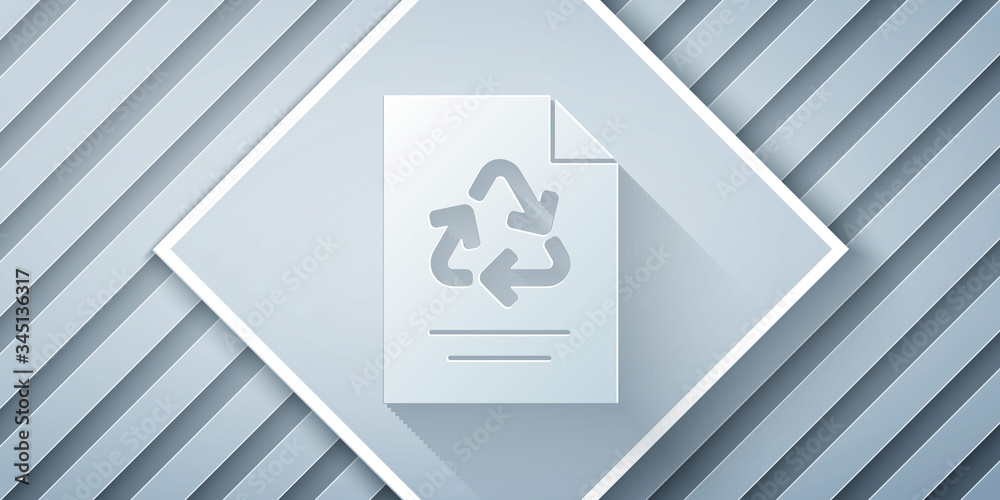 Paper cut Paper with recycle icon isolated on grey background. Paper art style. Vector Illustration