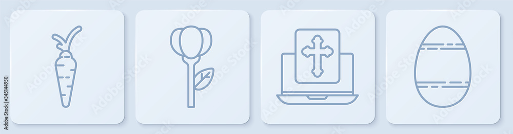 设置行胡萝卜，笔记本电脑屏幕上的十字架，花郁金香和复活节彩蛋。白色方形按钮。Vecto