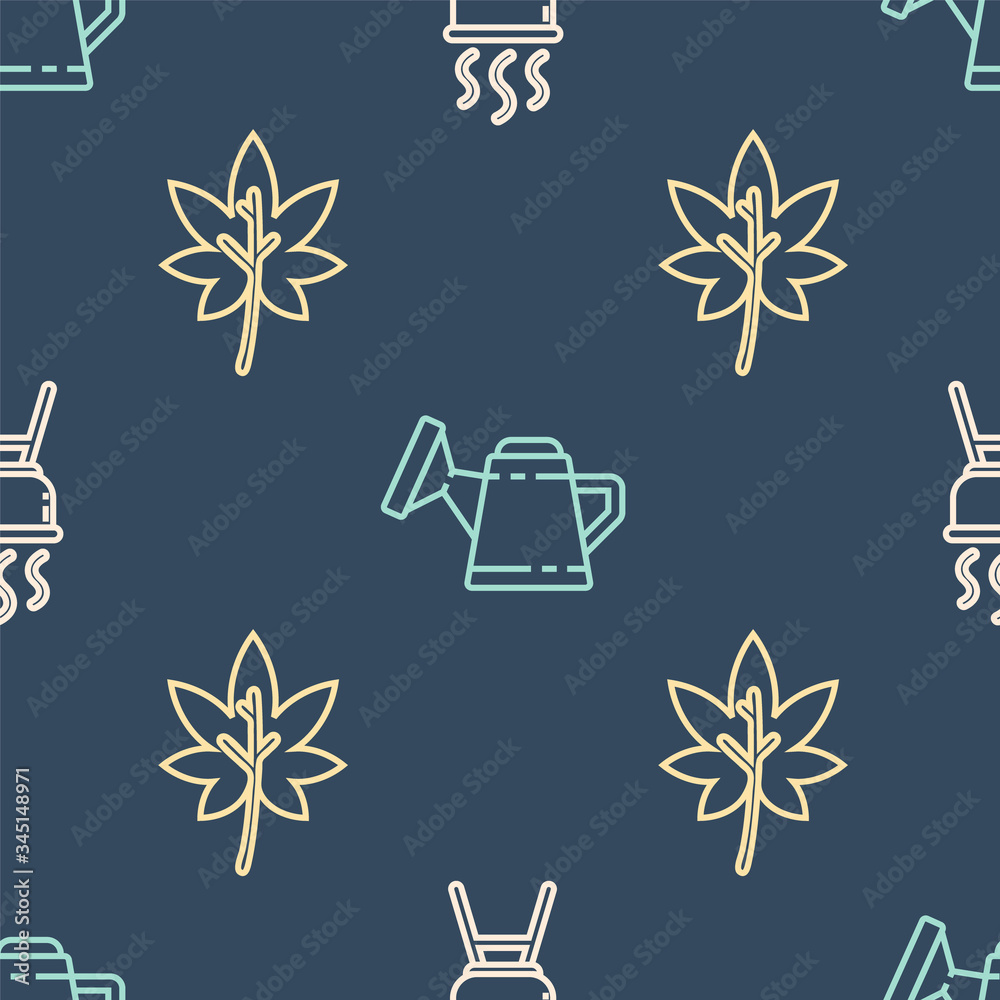 Set line Barbecue grill, Leaf or leaves and Watering can on seamless pattern. Vector