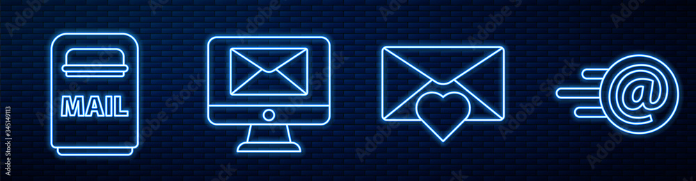 Set line Envelope with Valentine heart, Mail box, Monitor and envelope, Mail and e-mail and Received