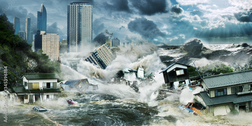 大海啸洪水摧毁了海边摩天大楼林立的城市