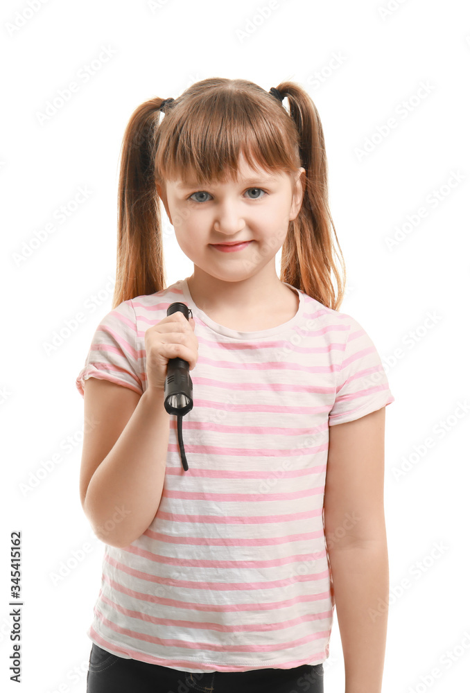 Little girl with flashlight on white background