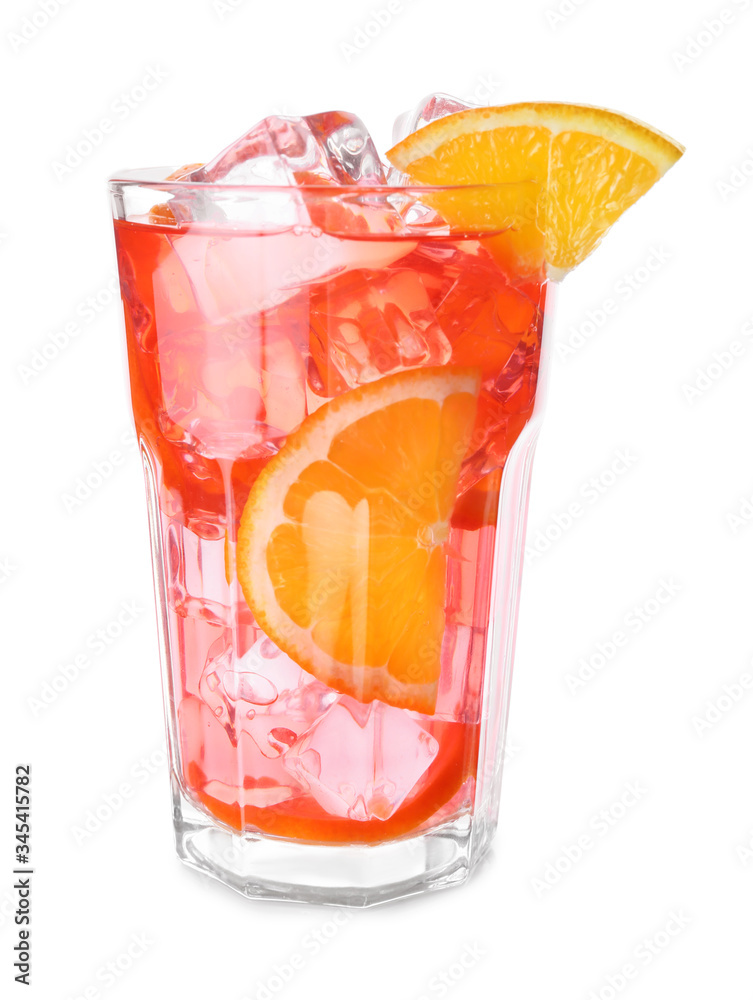Glass of tasty cold ice tea on white background