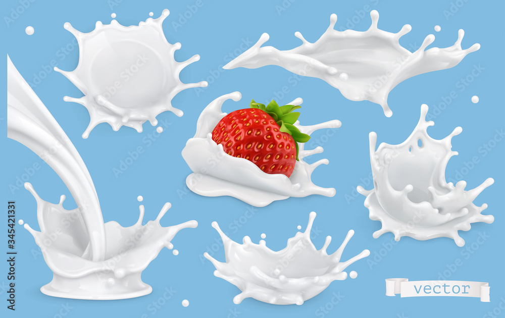 Milk splashes. 3d realistic vector icon set. Food illustration