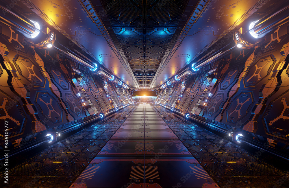 橙色和蓝色的未来宇宙飞船内部，地球上的窗户视图三维渲染