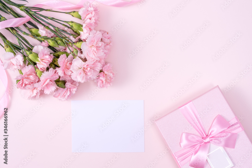 母亲节，情人节背景设计理念，美丽的粉红色康乃馨花束
