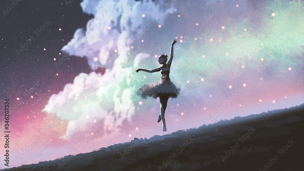 一位芭蕾舞演员在山上与萤火虫在夜空中跳舞，数字艺术风格，插图