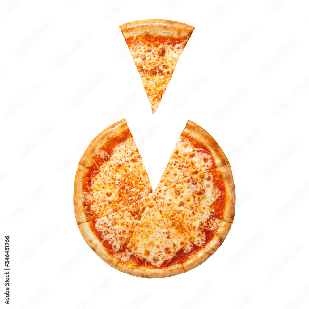 白色背景下的玛格丽塔披萨切片俯视图。奶酪和番茄披萨
