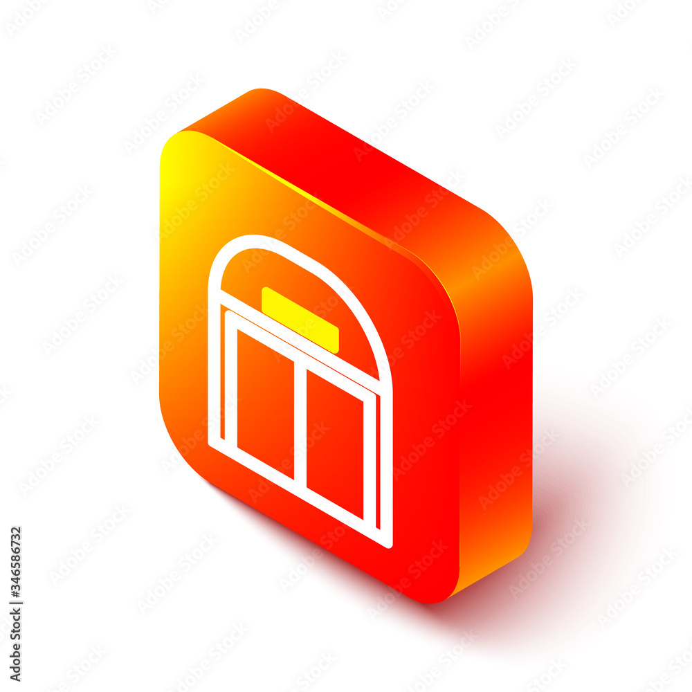 Isometric line Aircraft hangar icon isolated on white background. Orange square button. Vector Illus