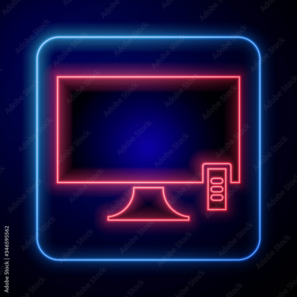 Glowing neon Smart Tv icon isolated on blue background. Television sign.  Vector Illustration