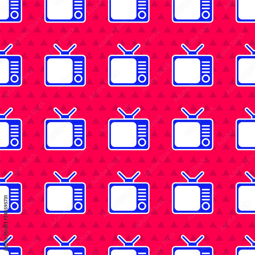 蓝色复古电视图标在红色背景上隔离无缝图案。电视标志。矢量插图
