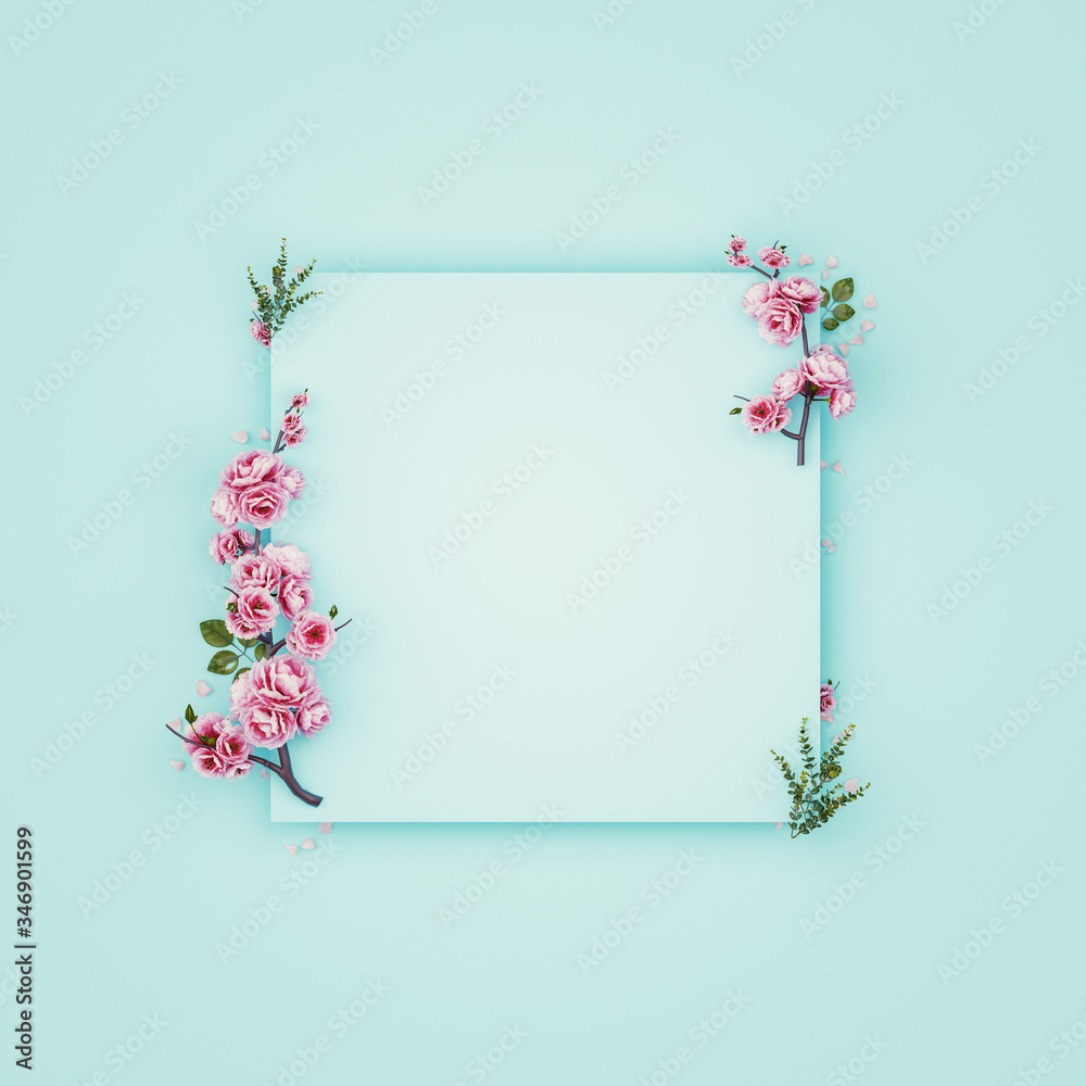 花卉构图。空白纸，淡蓝色背景上的粉红色花朵。平躺，俯视图，复制品