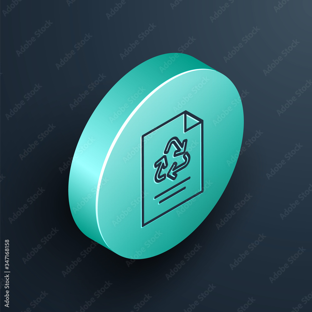 Isometric line Paper with recycle icon isolated on black background. Turquoise circle button. Vector
