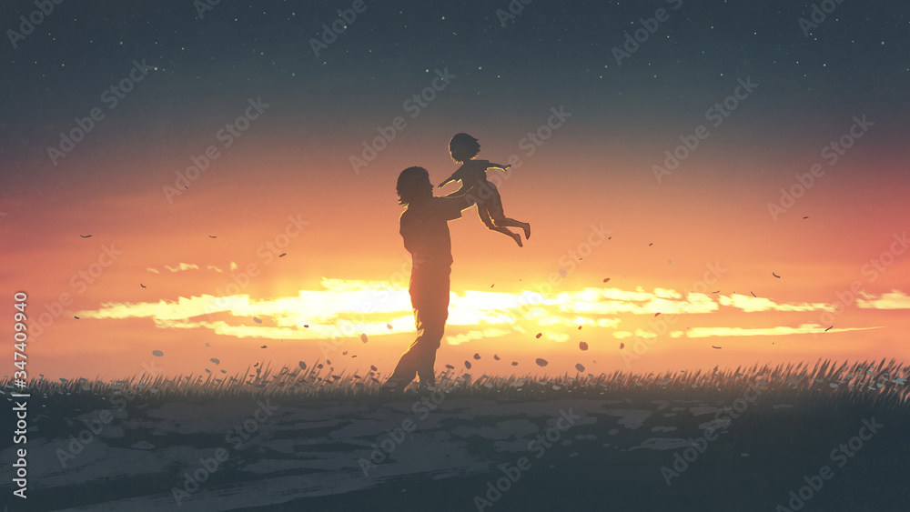 父亲在日落时抱着女儿的剪影，数字艺术风格，插图画
