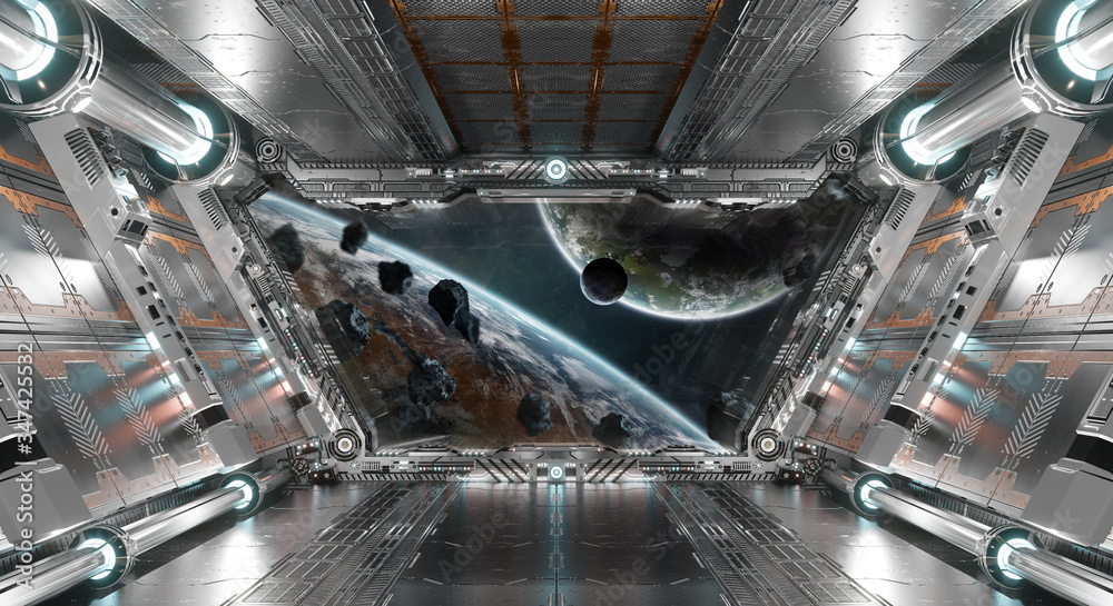 White and silver futuristic spaceship interior with window view on planets 3d rendering