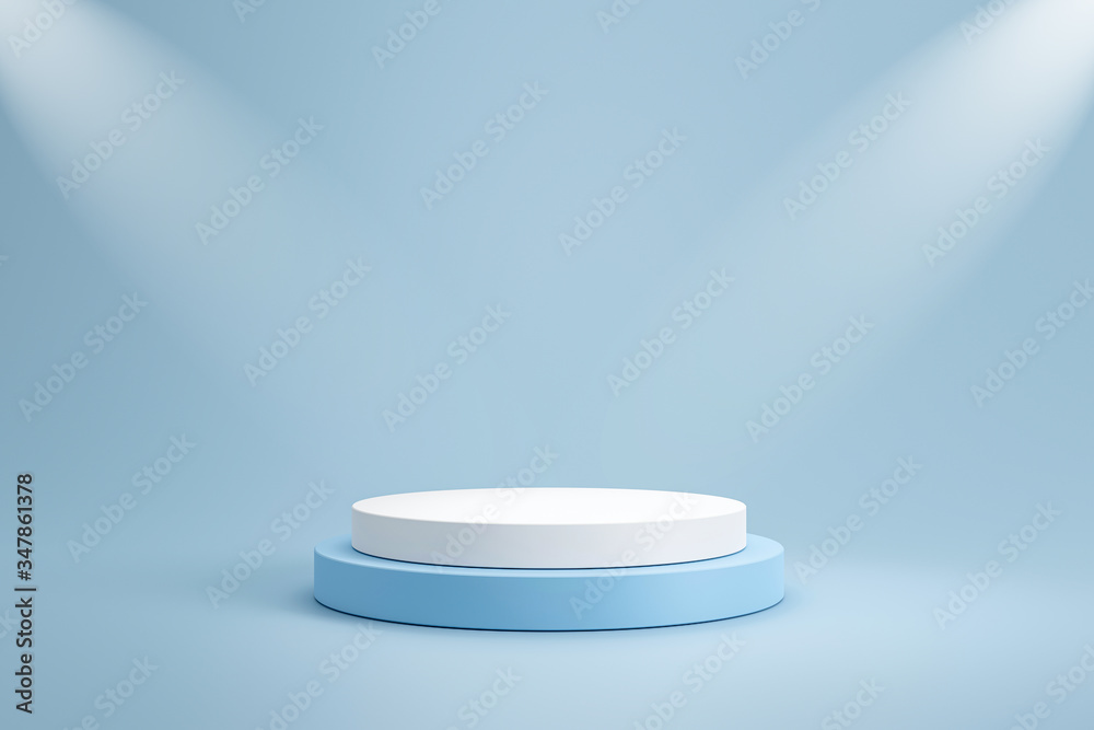 Studio template and white round shape pedestal on light blue background with spotlight product shelf
