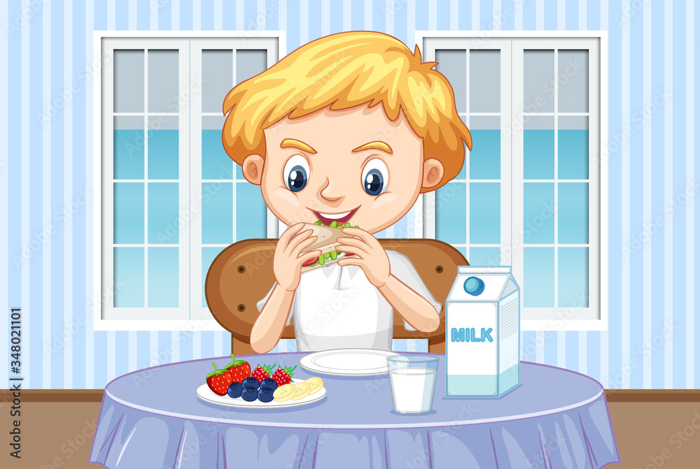 Scene with boy eating healthy breakfast at home