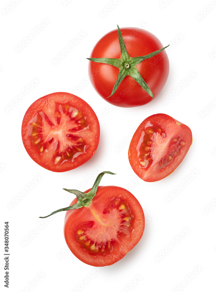 番茄放在白色背景上，切好番茄