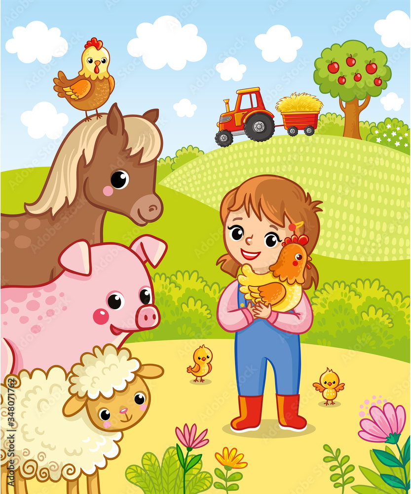 女农夫手里拿着一只鸡。带着可爱宠物的矢量插图。