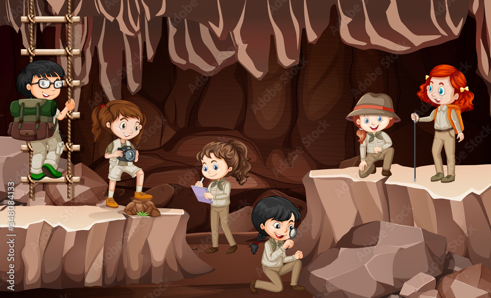 一群侦察兵探索洞穴的场景