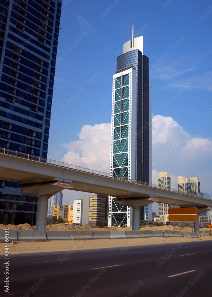 Dubais famous skyscrapers. High buildings. Panoramic view.