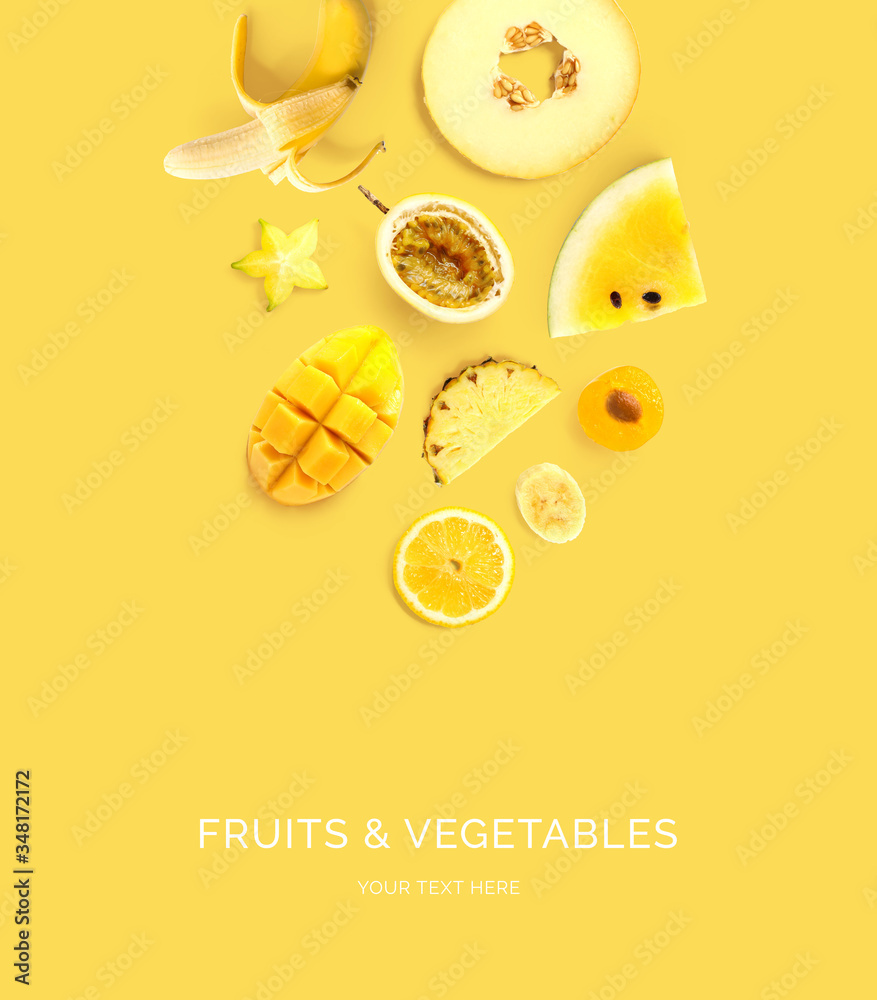由柠檬、甜瓜、西番莲、香蕉、百香果、芒果、李子、菠萝o制成的创意布局