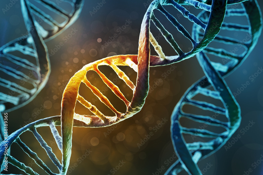 科学生物技术DNA螺旋分子背景，三维插图。
