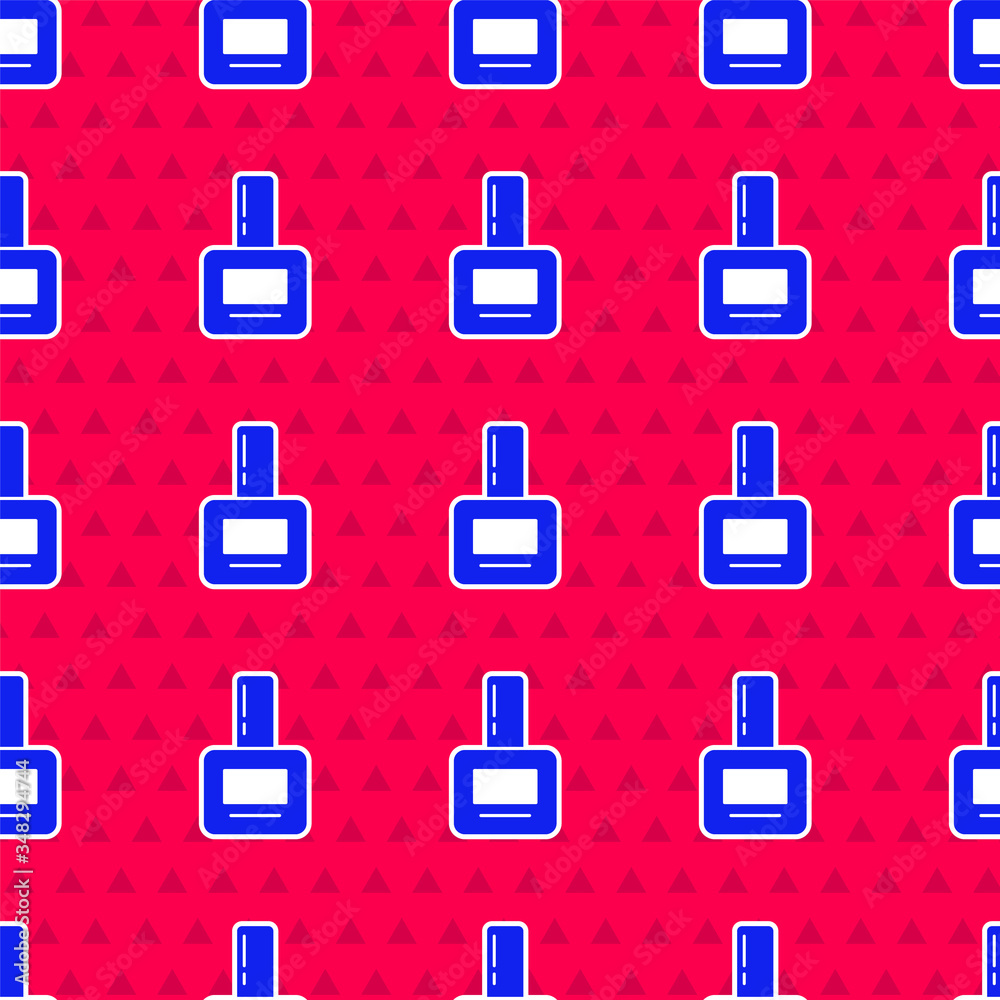 Blue Nail polish bottle icon isolated seamless pattern on red background. Vector