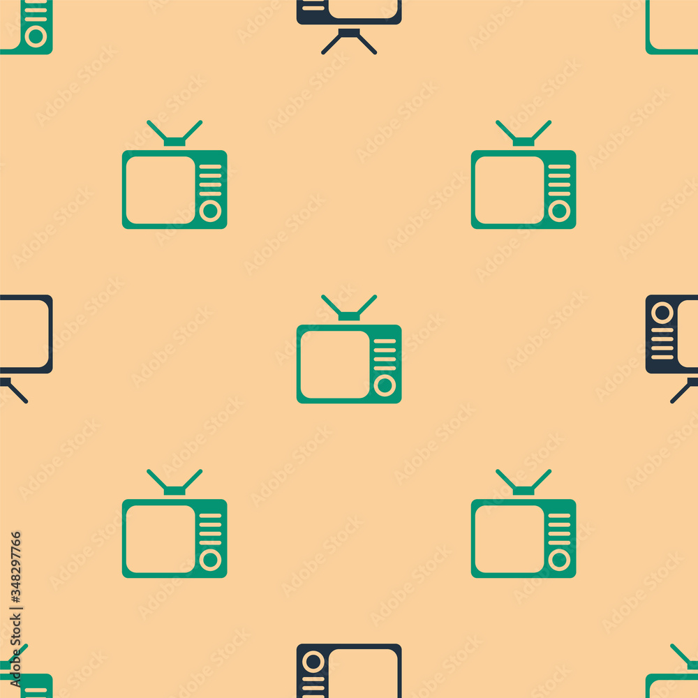 Green and black Retro tv icon isolated seamless pattern on beige background. Television sign. Vector