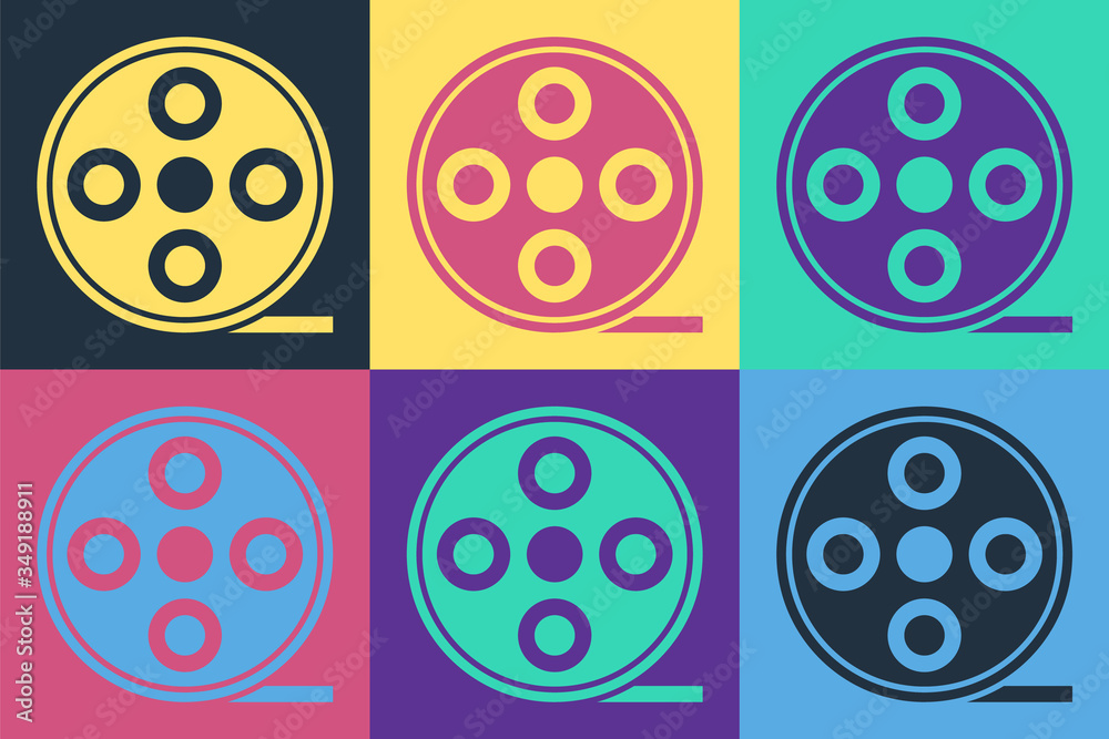 Pop art Film reel icon isolated on color background. Vector
