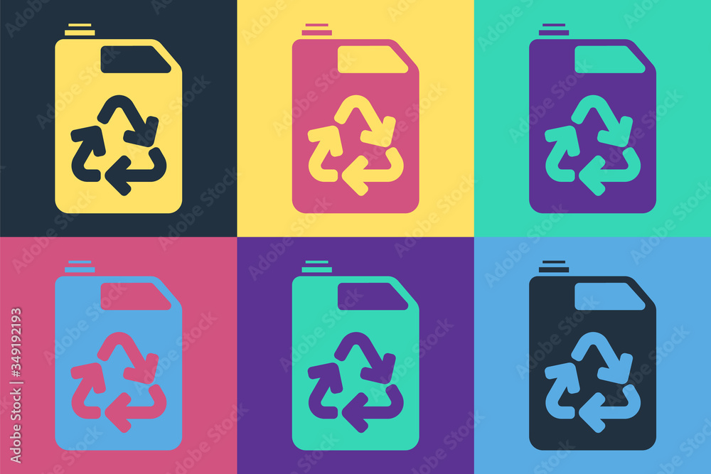 流行艺术环保燃料罐图标在彩色背景上隔离。环保生物和桶。绿色环境a