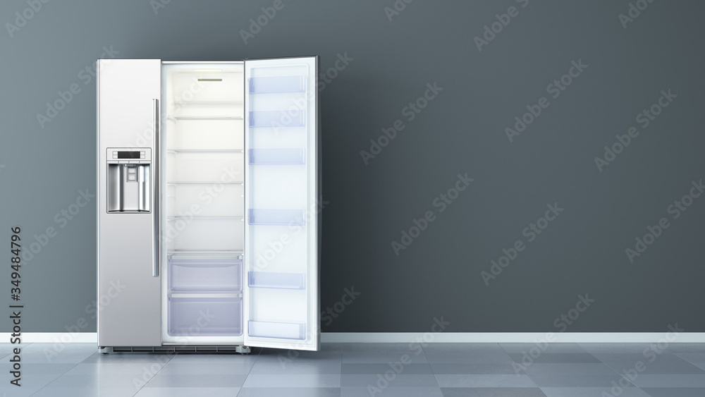 Open Modern side by side Stainless Steel Refrigerator. Fridge Freezer. 3d rendering