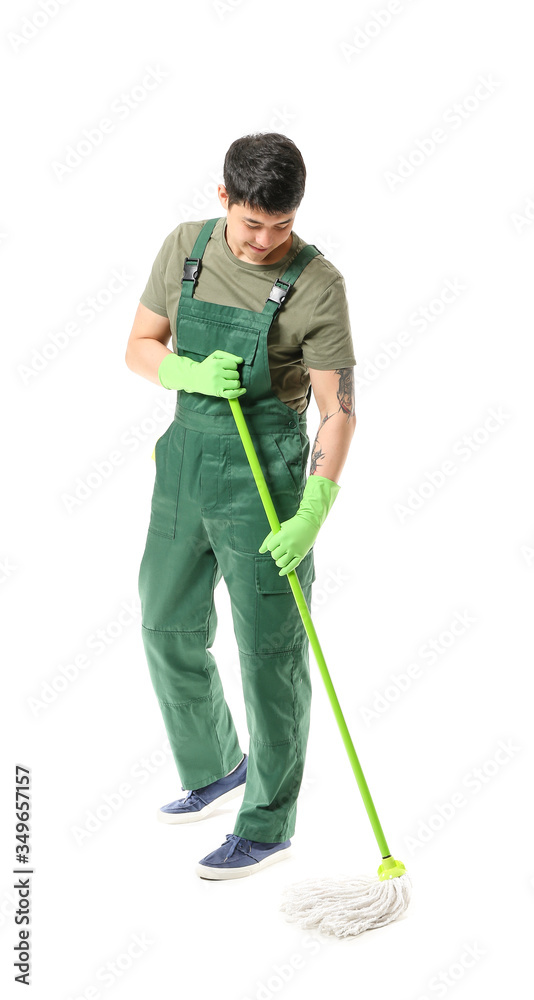 Male janitor with mop on white background