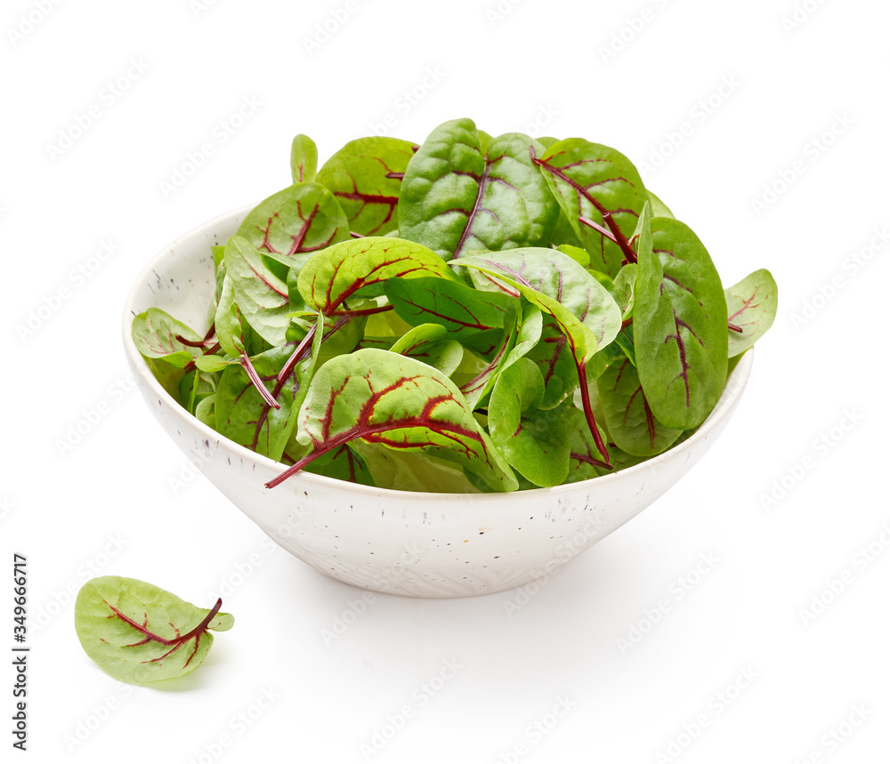 新鲜的酢浆草叶子放在白色碗里。红色脉酢浆草。微绿色放在陶瓷碗里。