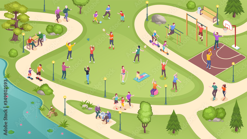 人们在城市公园，体育活动和夏季休闲游戏，等距矢量背景。人们在