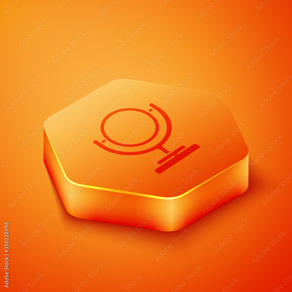 Isometric Round makeup mirror icon isolated on orange background. Orange hexagon button. Vector Illu