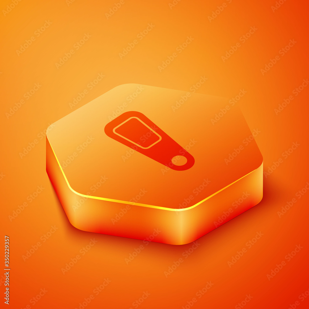 等距手镜图标隔离在橙色背景上。橙色六边形按钮。矢量图