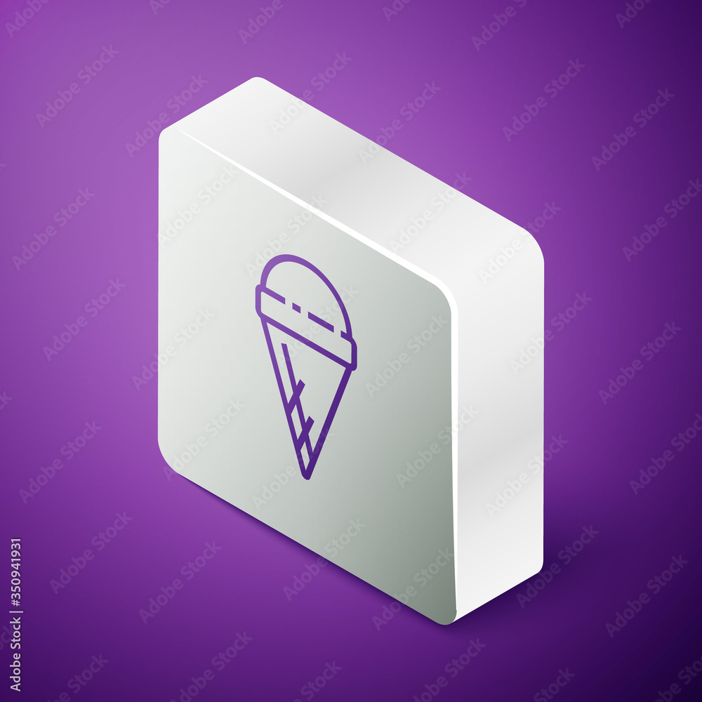 Isometric line Ice cream in waffle cone icon isolated on purple background. Sweet symbol. Silver squ