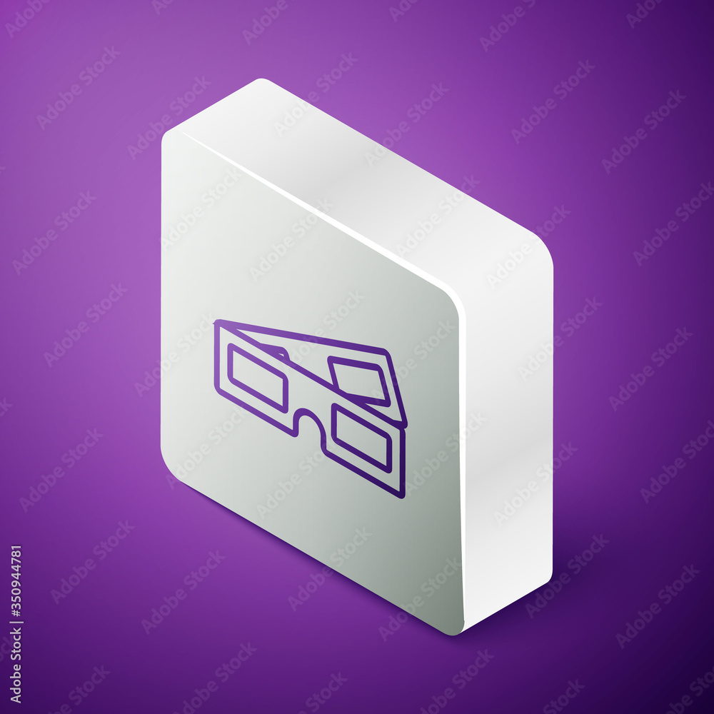 等距线3D影院眼镜图标隔离在紫色背景上。银色方形按钮