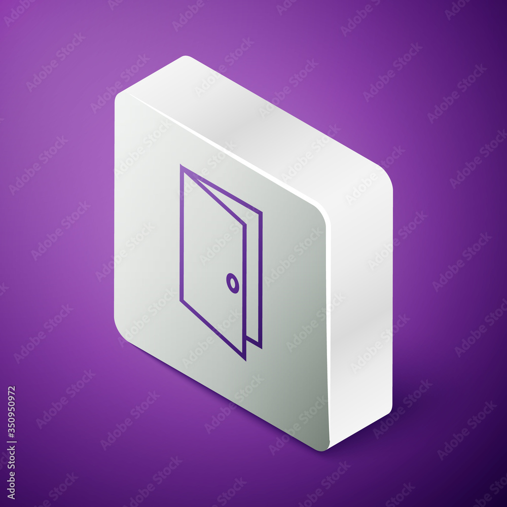 等轴测线关闭的门图标隔离在紫色背景上。银色方形按钮