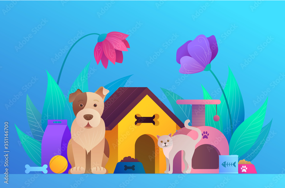 宠物服务卡通登陆页设计。欢迎使用可爱的狗和猫的动物商店概念。宠物