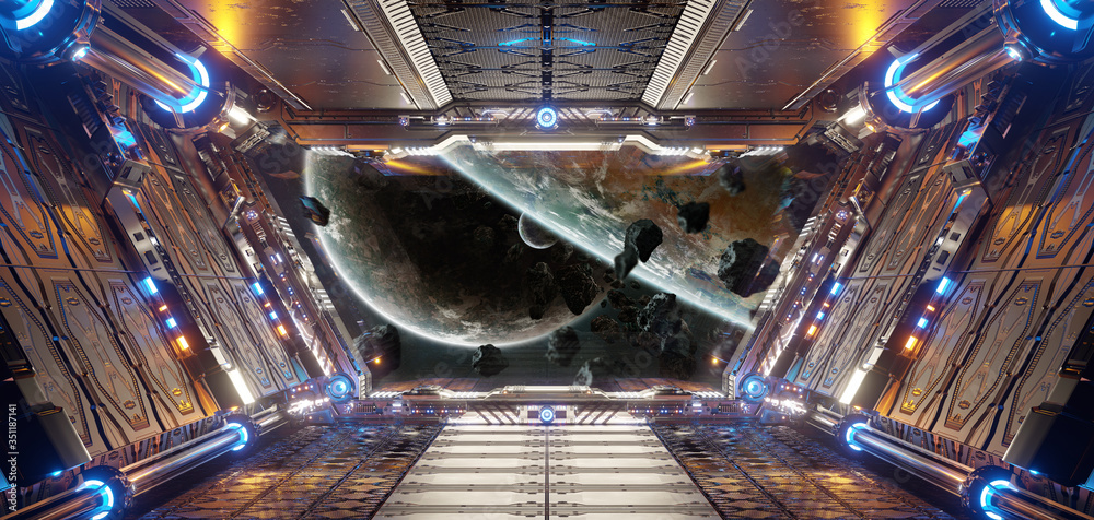 橙色和蓝色的未来宇宙飞船内部，可通过窗户观看遥远行星系统的三维效果图