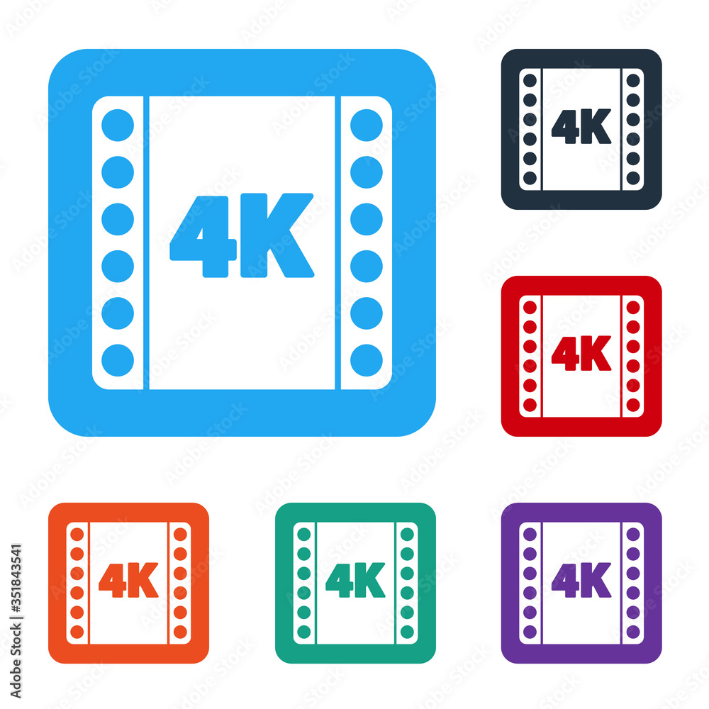 White 4k movie, tape, frame icon isolated on white background. Set icons in color square buttons. Ve