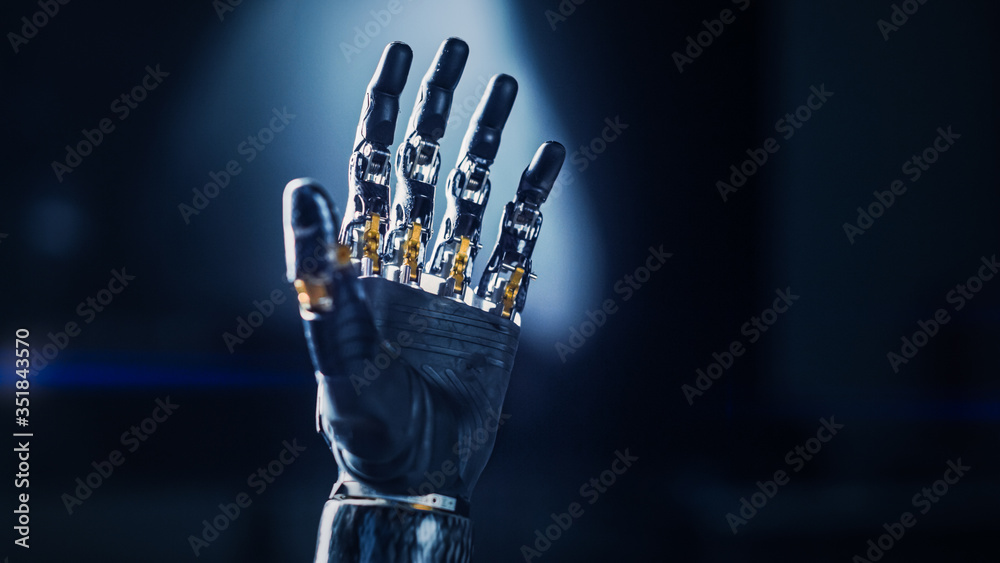 Modern Humanoid Robot Arm Working Hand. Delicate Mechanistic wonder, High-Tech Prosthesis to Help Pe